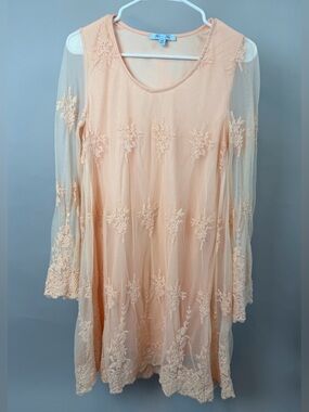 She & Sky Lace Dress Medium Blush Pink Lace Sheer Overlay Boho Flowy Long Sleeve